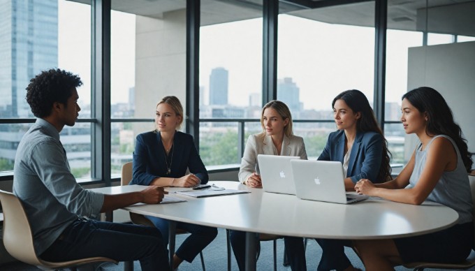 A diverse group of professionals collaborating in a modern office space, discussing strategies over a laptop, with one person pointing at the screen and others taking notes.