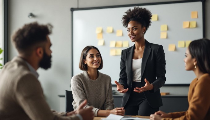 A close-up of a businesswoman leading a team meeting in a stylish office, with colleagues listening attentively and taking notes, showcasing a vibrant and productive work environment.