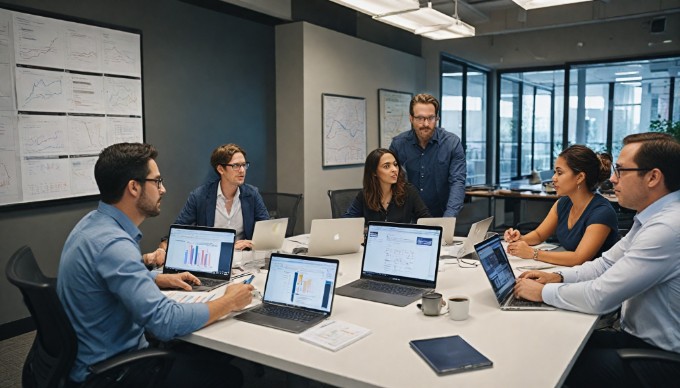 A diverse group of professionals collaborating in a modern office setting, discussing ideas around a table with laptops and notepads.