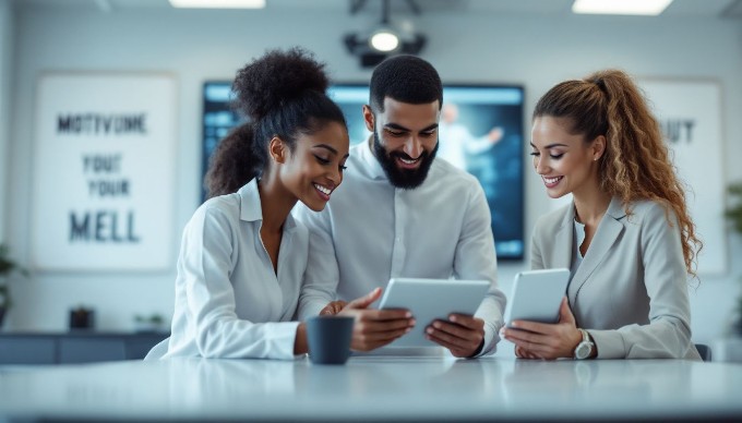 A close-up of a diverse business team discussing strategies over a digital tablet in a stylish conference room, with motivational posters on the walls and a large screen displaying analytics.