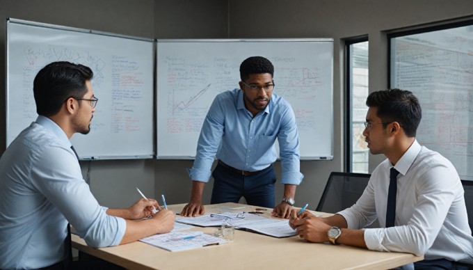 A multicultural team of business people working together on a project in a sleek office, with large windows and greenery in the background.