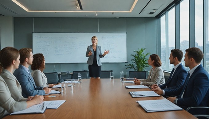 A businesswoman presenting a project to her colleagues in a bright, airy conference room.