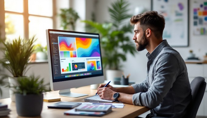 En person analyserer grafisk design på en computer med et professionelt layout.