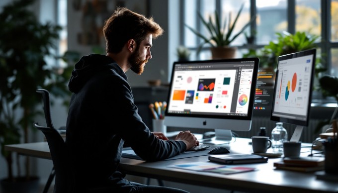 En grafisk designer, der arbejder på en computer med farver og designmaterialer omkring sig.