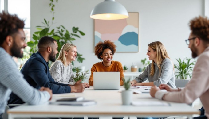 En gruppe forskellige mennesker, der arbejder sammen i et moderne kontormiljø, smilende og engagerede i en brainstormingsession.