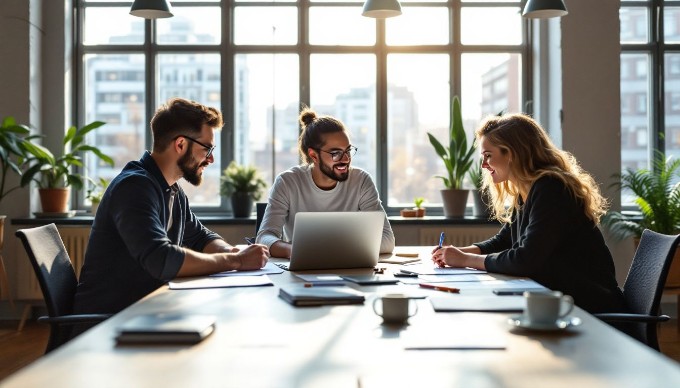 En gruppe forskere arbejder sammen i et moderne kontorlandskab, der viser samarbejde og innovation.