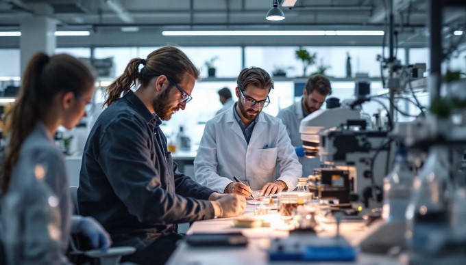 En gruppe forskere i diverse tøj arbejder sammen i et moderne laboratorium.