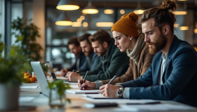 En gruppe professionelle, diverse mennesker i et moderne kontor, der samarbejder om et projekt.