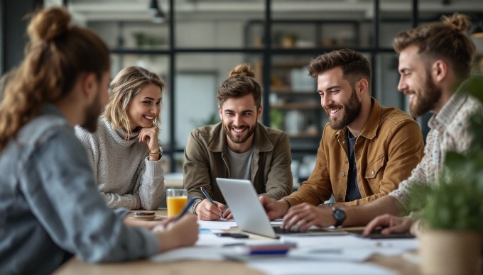 En gruppe mennesker i et moderne kontor, der samarbejder over et projekt med laptops og noter.