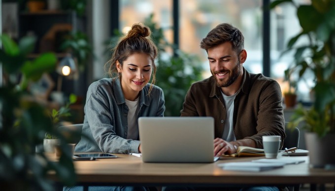 En gruppe diverse professionelle personer, der samarbejder om et projekt i et moderne kontormiljø.