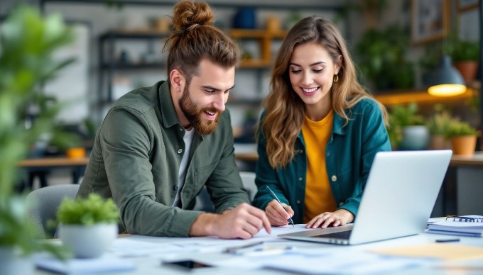 To kolleger diskuterer et projekt over en laptop i et stilfuldt kontor, med fokus på teamwork og innovation.