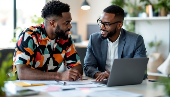 To kolleger diskuterer ideer ved et skrivebord fyldt med laptops og notater i et lyst kontor.