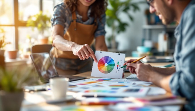 To visually illustrate the concept of complementary color contrast in design, two individuals are discussing a vibrant color palette in a modern office setting.