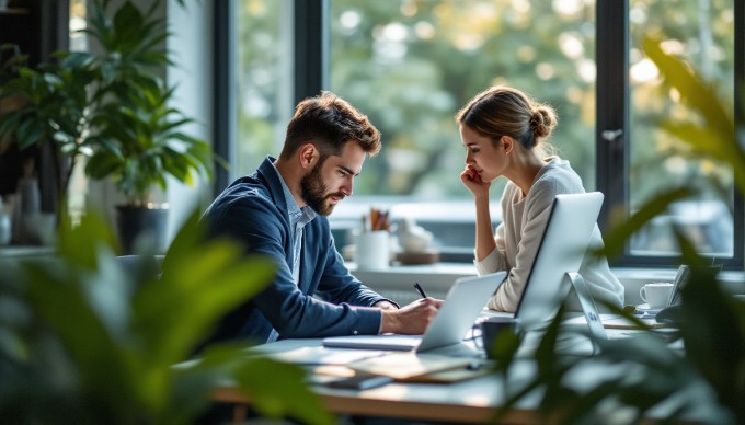 To personer i en moderne kontorindstilling, der arbejder fokuseret ved et skrivebord med en computer.