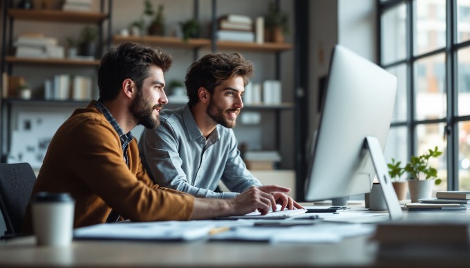 To personer arbejder sammen ved et skrivebord, fokuseret på en computer.