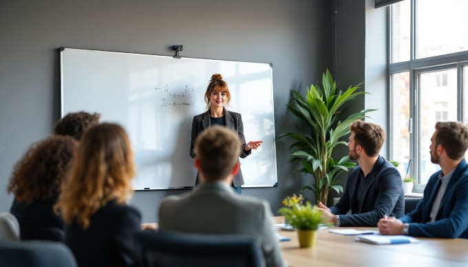 En professionel kvinde, der præsenterer sin idé for et team i et lyst kontor, mens de lytter opmærksomt.