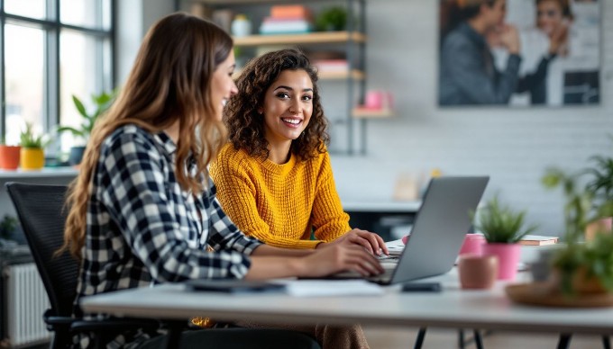 To kvinder, der diskuterer ved et skrivebord i et stilfuldt kontor, med laptop og farverige accessories.