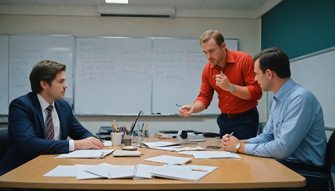 En mangfoldig gruppe mennesker, der samarbejder i et moderne kontorlandskab. De er i gang med en brainstorming-session med farverige notesbøger og laptops.