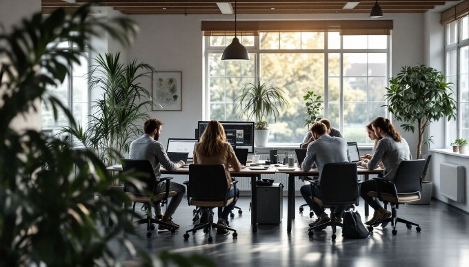 En gruppe af forskellige mennesker i et moderne kontor, der samarbejder om et projekt med laptops og papirer.