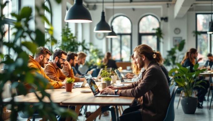 En gruppe af forskellige personer, der arbejder sammen i et moderne kontor, med farverige og afslappede outfits. Der er laptops og notesbøger på bordet, og de ser ud til at være i gang med en brainstorm.