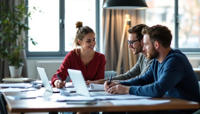 En gruppe mangfoldige professionelle personer, der arbejder sammen i et moderne kontorlandskab, iført farverigt og afslappet tøj.