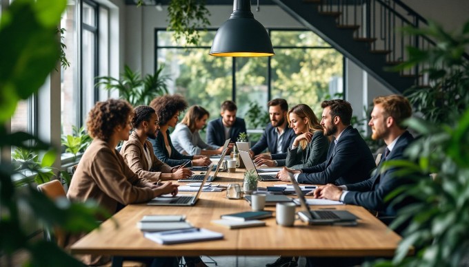 Et diverse team arbejder sammen i et moderne kontor, hvor de diskuterer ideer og brainstormer.