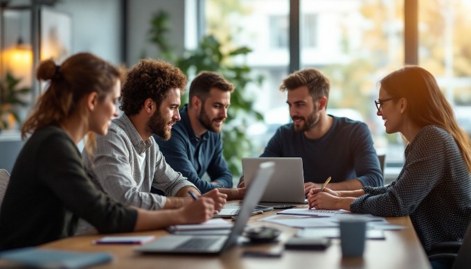 Et mangfoldigt team arbejder sammen ved et moderne kontorbord med farverige laptops og noter.