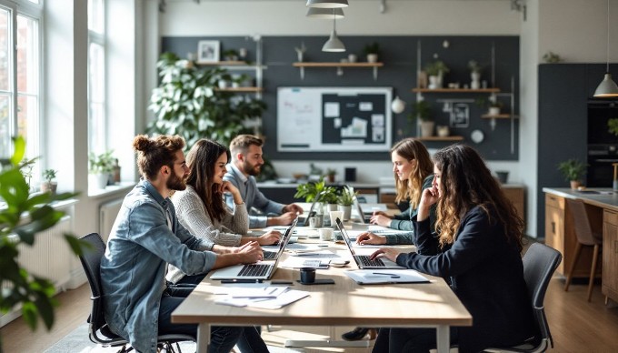 Et mangfoldigt team arbejder sammen i et moderne kontormiljø, hvor de diskuterer ideer ved et mødebord.