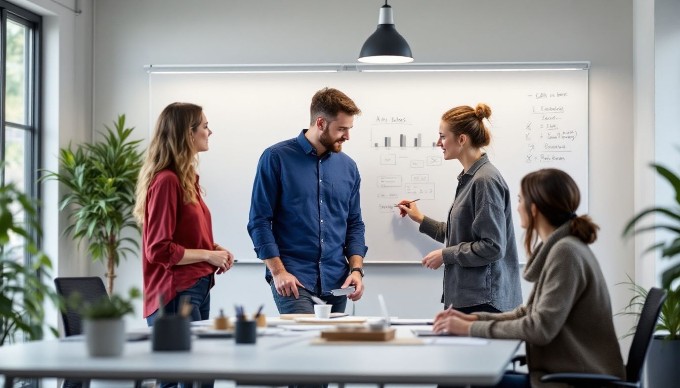 Et mangfoldigt team arbejder sammen i et moderne kontor, hvor de diskuterer ideer. Nogle mennesker har farverige, afslappede outfits, mens andre er klædt i mere formelle tøj.