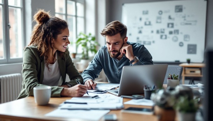 To personer arbejder sammen om design af mobile applikationer, en mand og en kvinde sidder ved et moderne skrivebord med laptops åbne. Der er skitser og notater spredt ud over bordet, med en kop kaffe ved siden af. Der er naturligt lys, der strømmer ind fra vinduet, og en tavle med designideer i baggrunden.