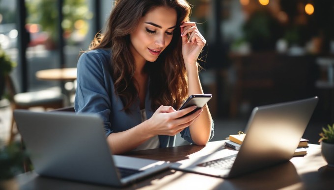 En professionel kvinde, der tester en mobilapplikation på sin smartphone, sidder på en café med en laptop foran sig. Der er en afslappet atmosfære, og hun ser koncentreret ud, mens hun interagerer med appen. Der er bøger og en notesbog på bordet ved siden af hende, med bløde skygger fra det naturlige lys.