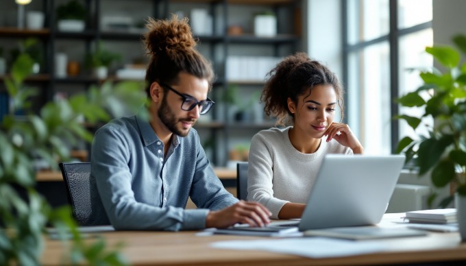 Et moderne kontor med personer, der arbejder koncentreret ved computere.