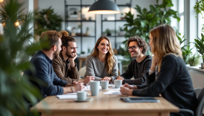 Professionelt møde mellem forskellige medarbejdere i et lyst kontor.