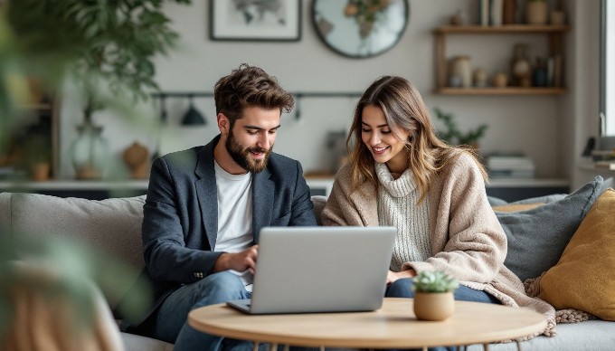 En kvinde og en mand i et kreativt mødelokale, der diskuterer ideer over en laptop.