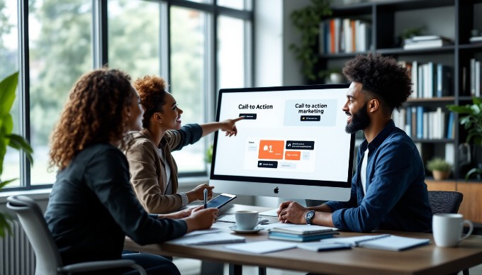 Et team af professionelle, der arbejder sammen foran en computer og diskuterer strategier for call-to-action design.