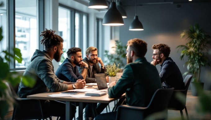 Professionals collaborating in a modern office space with colorful attire