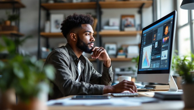 En designer tester en prototype ved hjælp af en computer i et professionelt miljø.