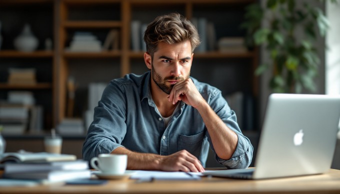 En person, der løser matematiske problemer ved et skrivebord med bøger og en computer.