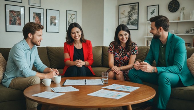 Business professionals discussing strategies in a vibrant office setting.