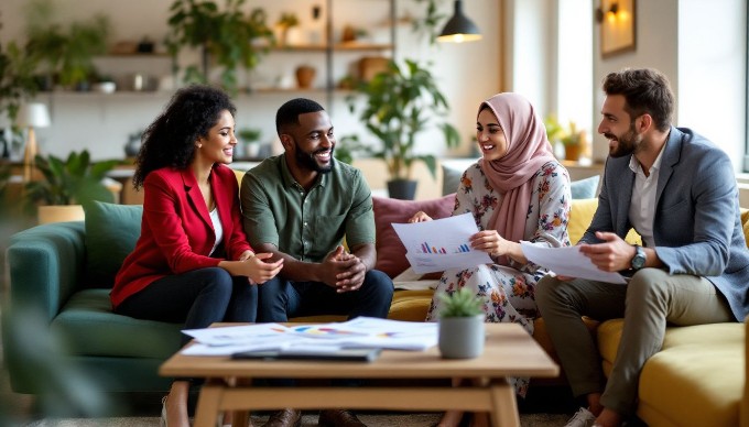 Business professionals discussing strategies in a vibrant office setting.