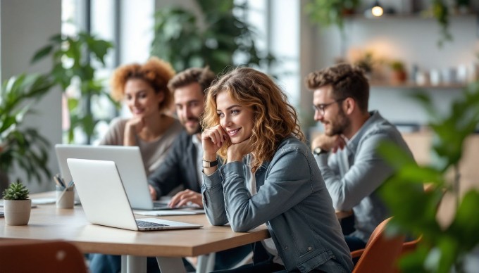 Et team af professionelle, der brainstormer over en laptop i et lyst kontor, iført stilfuldt og farverigt tøj.