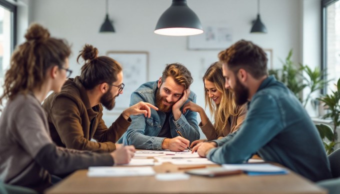 Diverse team brainstorming in a creative workspace