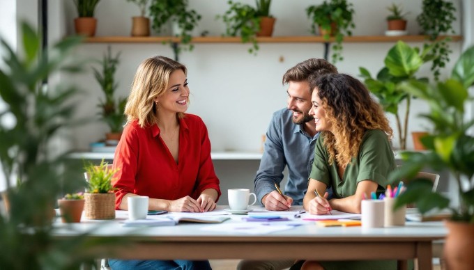 To kvinder og en mand arbejder sammen ved et skrivebord i et lyst kontor.