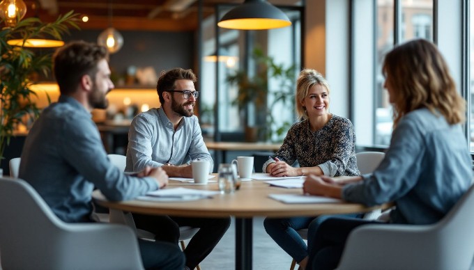 Diverse team i møde i et moderne kontor, der deler ideer.