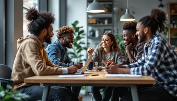 Et multikulturelt team arbejder sammen i et moderne kontor. De diskuterer ideer ved et bord, omgivet af laptops og noter.