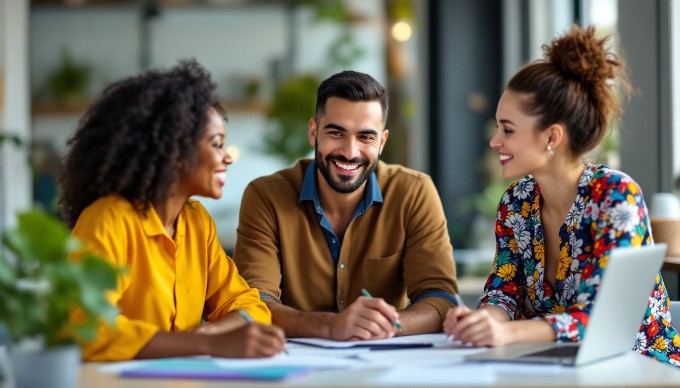 Diverse team collaborating in a modern office space, engaging in a brainstorming session.