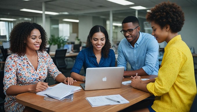 Diverse team collaborating in a modern office space, engaging in a brainstorming session.