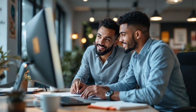 To personer arbejder koncentreret ved et skrivebord med en computer.