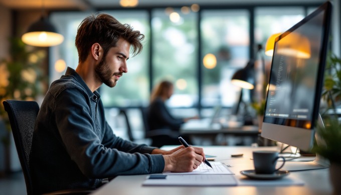 En UX designer arbejder koncentreret ved et skrivebord med en computer og noter.