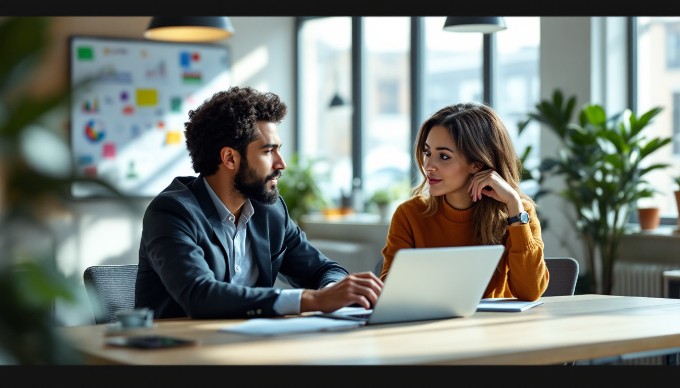 To illustrate the concept of visual communication, two people are engaged in a discussion over a laptop in a modern office setting.